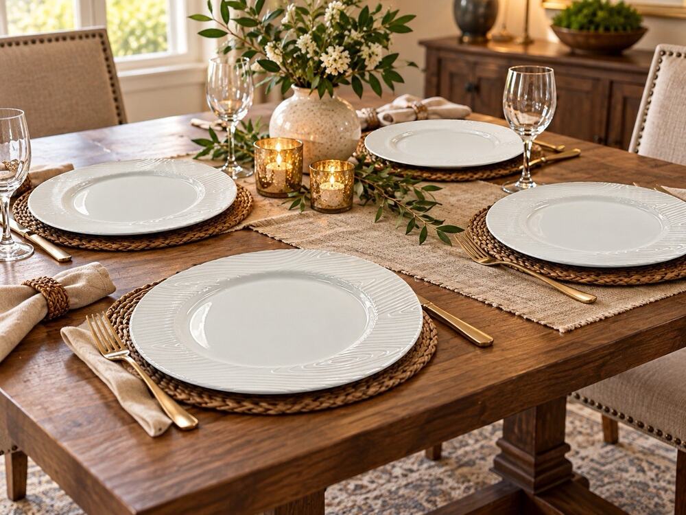 Temp-tations Woodland White 10.5” Dinner Plates Set of 4 Woodgrain Ceramic